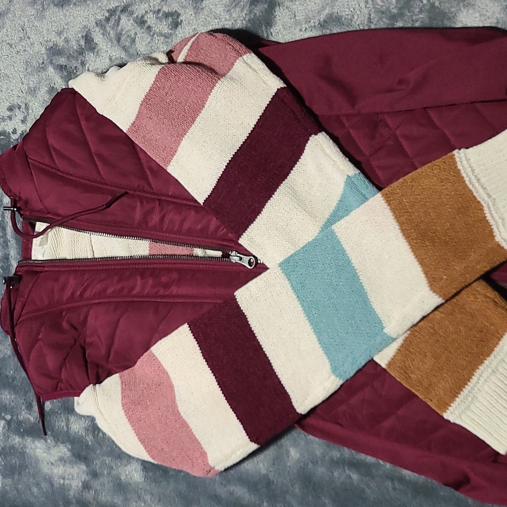 Burgundy xs vest with expandable sides , white striped pull over sweater size sm